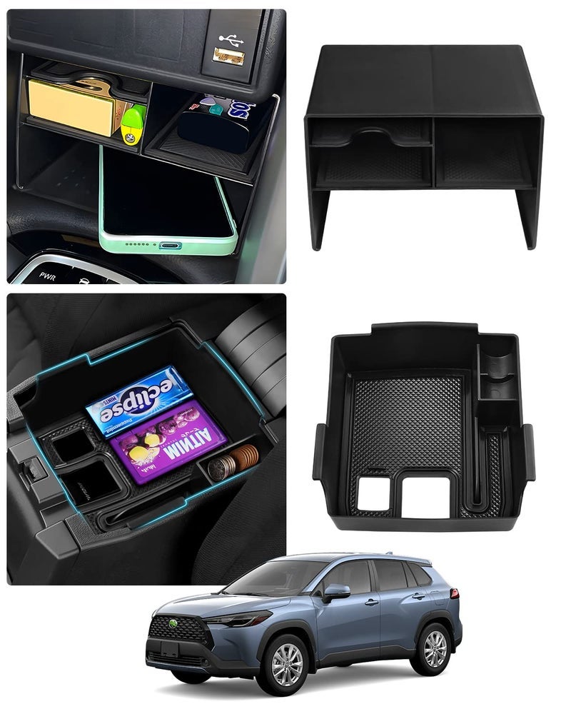 صينية تنظيم الكونسول المركزي 2PCS لفئة تويوتا كورولا كروس L/Hybrid S لعام 2022-2025 بدون شاحن لاسلكي من نوع Qi، ملحقات كورولا كروس صينية الكونسول الوسطى صندوق تخزين مسند ذراع حصيرة غير قابلة للانزلاق - Image 1